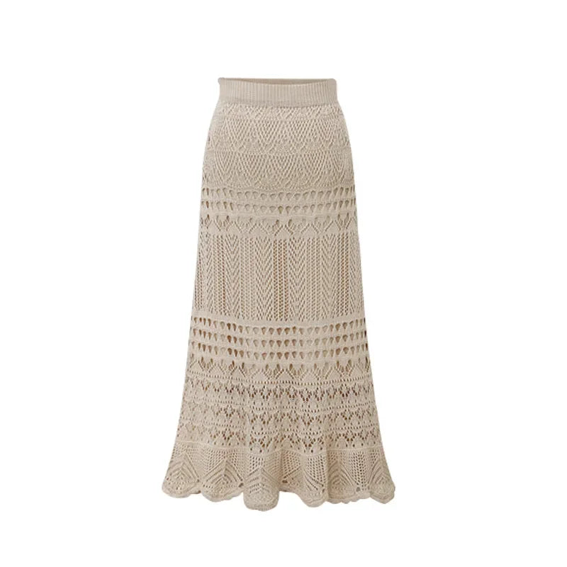 Spring Autumn High-waisted Loose-fit Knit Skirt Women's Hook Flower Hollow Out Long Dress 90cm