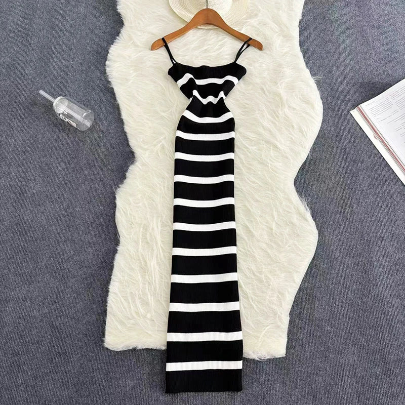 Summer Stripe Elastic Bodycon Strap Dress Sexy Beach Sundress Women Casual Slim Pencil Vestidos Maxi Long Dress