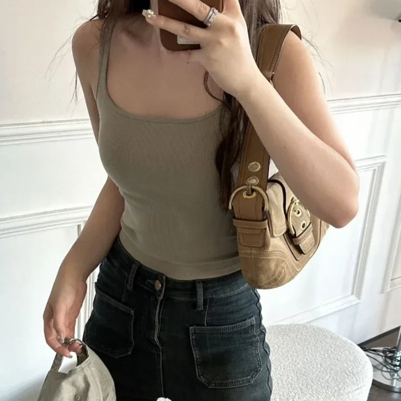 Solid All-Match Invisible Integrated Chest Pad Cami 2024 Spring New Korean Women clothes Short Sleeveless Top
