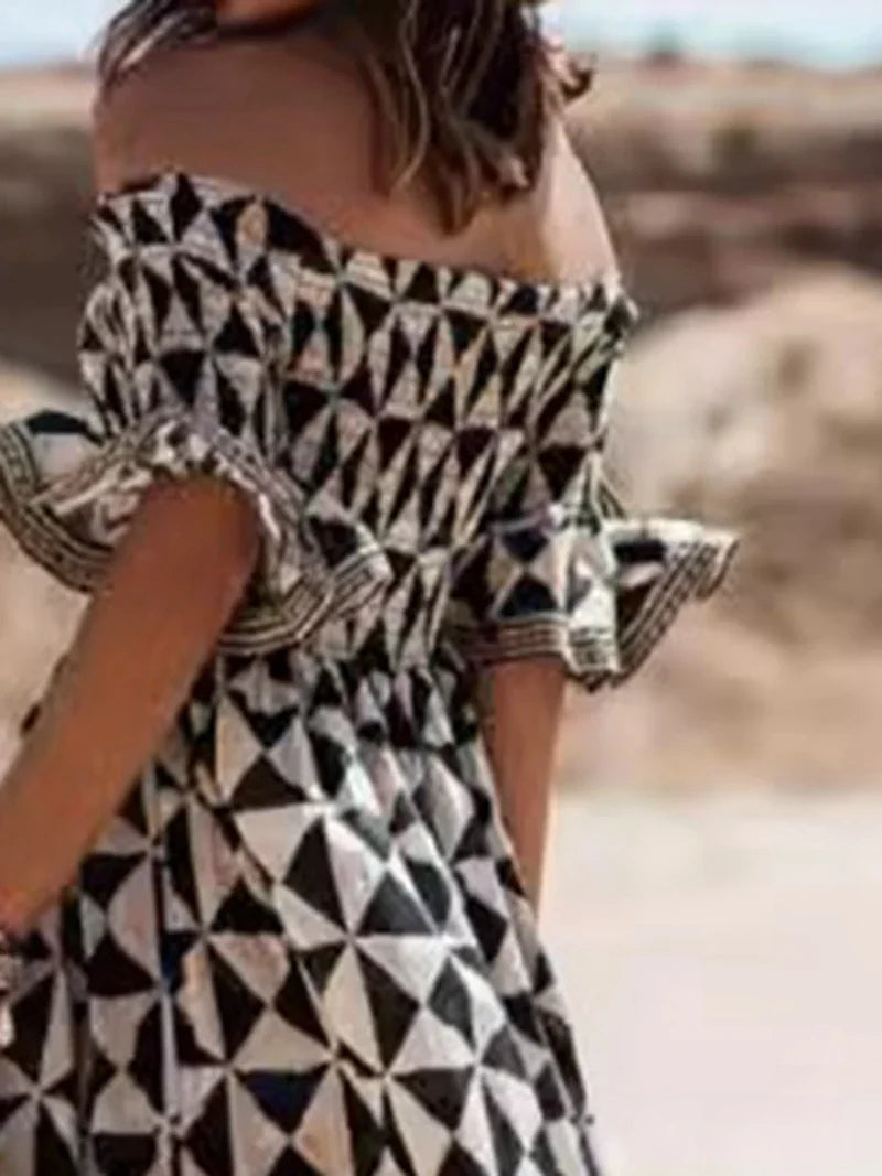 Women's Fashion Dress One Line Neck Off Shoulder Elegant Printed Waist and Ankle Long Dress