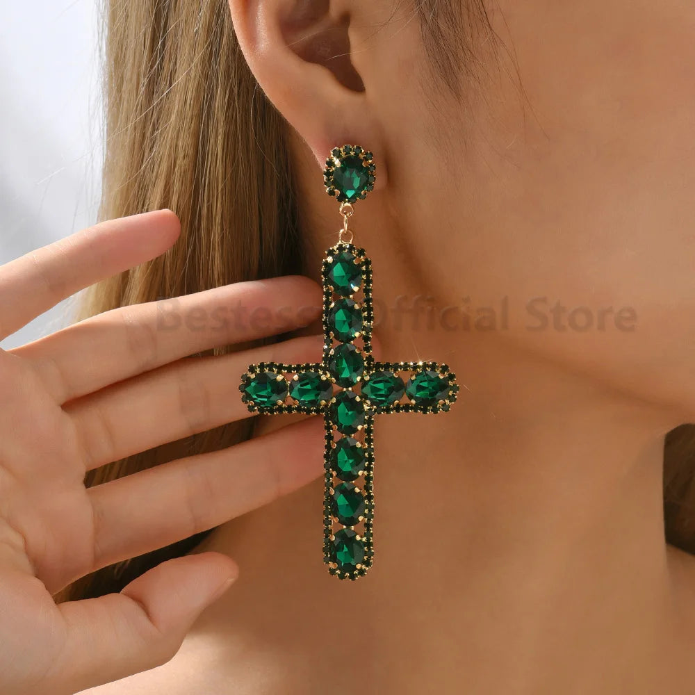 Luxury Shiny Crystal Clear Glass Cross Earrings Woman Popular Long Pendant Retro Statement Large Hanging Jewelry Ear Accessories