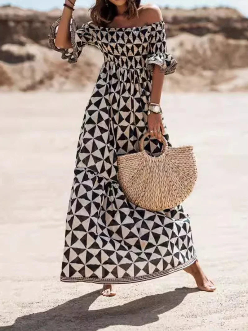 Women's Fashion Dress One Line Neck Off Shoulder Elegant Printed Waist and Ankle Long Dress