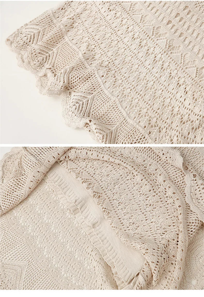 Spring Autumn High-waisted Loose-fit Knit Skirt Women's Hook Flower Hollow Out Long Dress 90cm