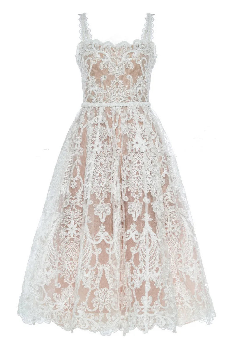 UCXQ Square Neck Lace Embroidery Elegant Long Dress Fairycore Waist Sleeveless Camisole Dresses Women 2025 Spring Summer 23A8639