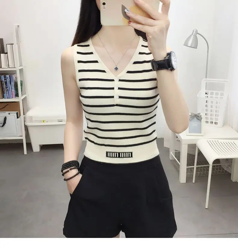 Summer New Short Ice Silk Sling Striped Tank Women's V-neck Button Slim Elastic Versatile Fashion Knitted Sleeveless Top
