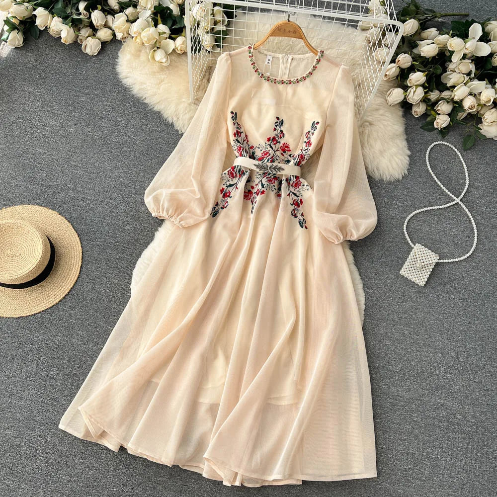 Autumn White/Beige Beading Embroidered Long Dress For Women Elegant O-Neck Puff Sleeve High Waist Elegant Party Robe New Fashion