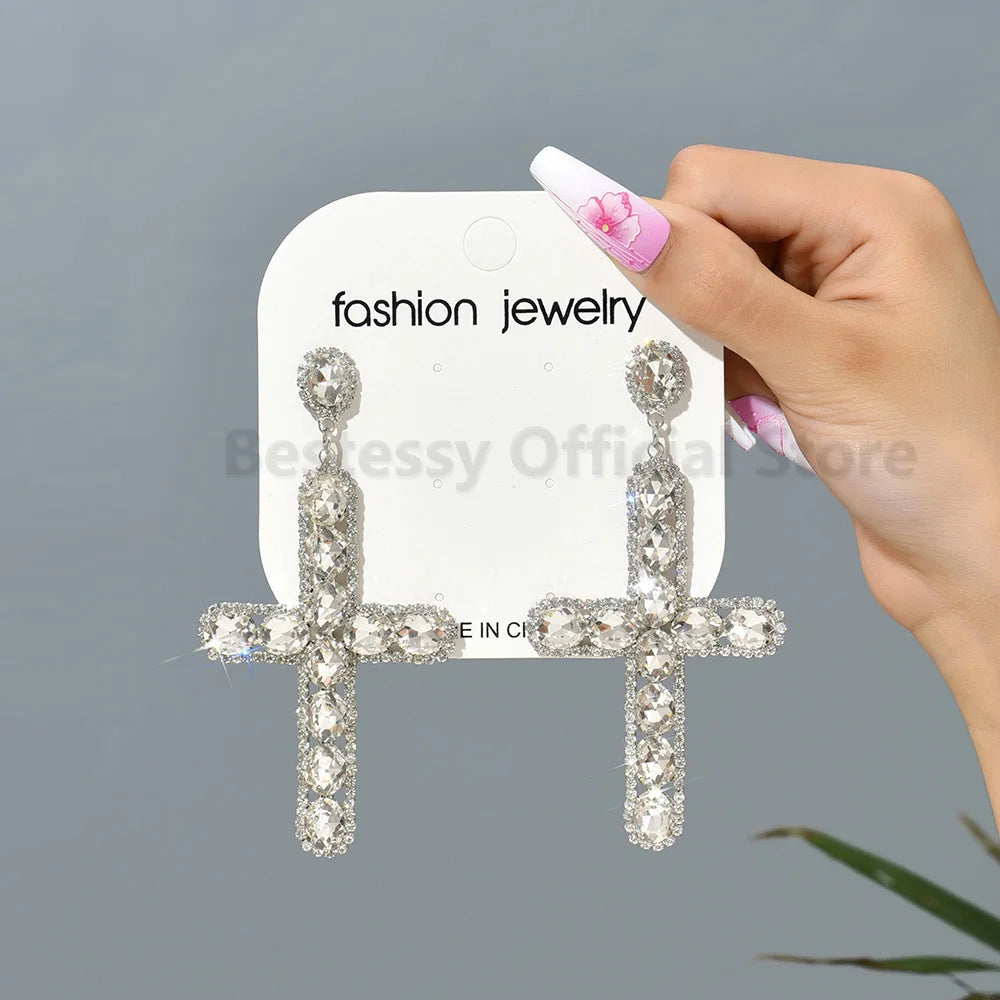 Luxury Shiny Crystal Clear Glass Cross Earrings Woman Popular Long Pendant Retro Statement Large Hanging Jewelry Ear Accessories