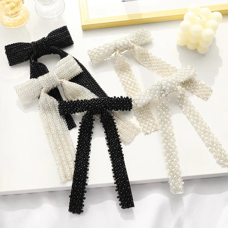 Glass Diamond Beaded Full Pearls Hairclip Bows Ribbon Barrette Girls Bow Hairpins Wedding Hair Accessories Hair Clips Women