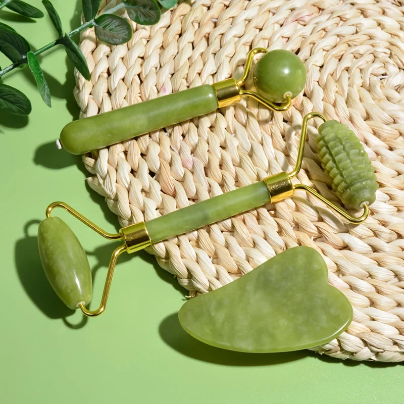 Gift,4-in-1 Jade Roller and Gua Sha Set. Roller with Eye Massager, Jade Gua Sha, Ridged Roller Massager. Jade Roller For Face.