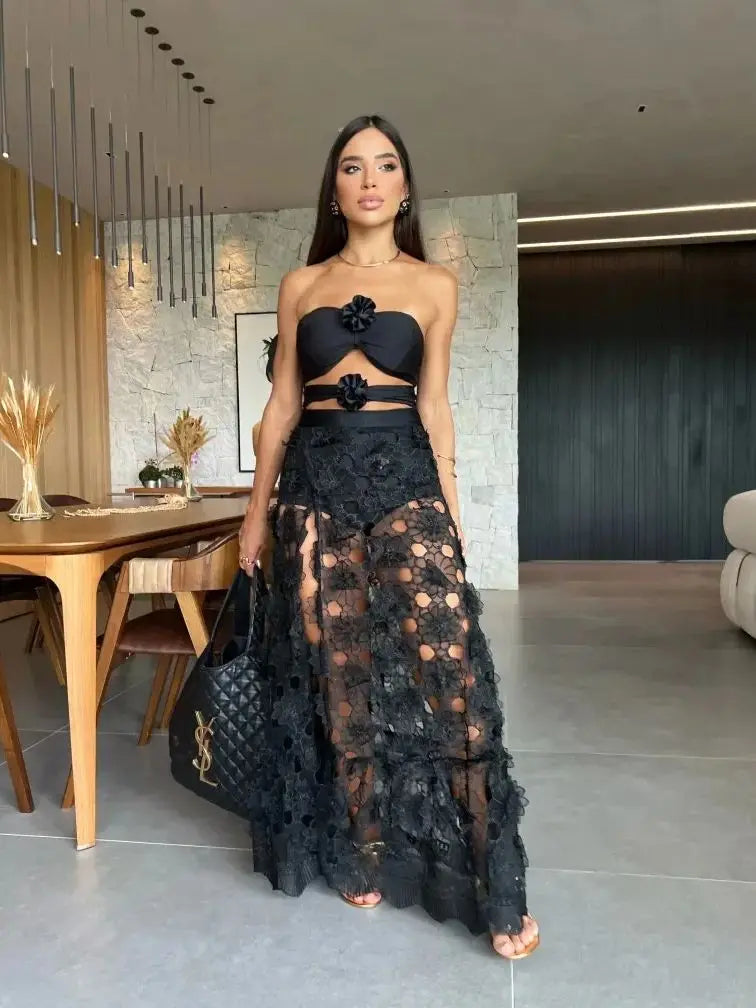 3 Pcs Dress with Swimwear 3D Flower Swimwear Women Elegant Dresses For Women Slim Long Dress Lady Eveing Robe Party Dress