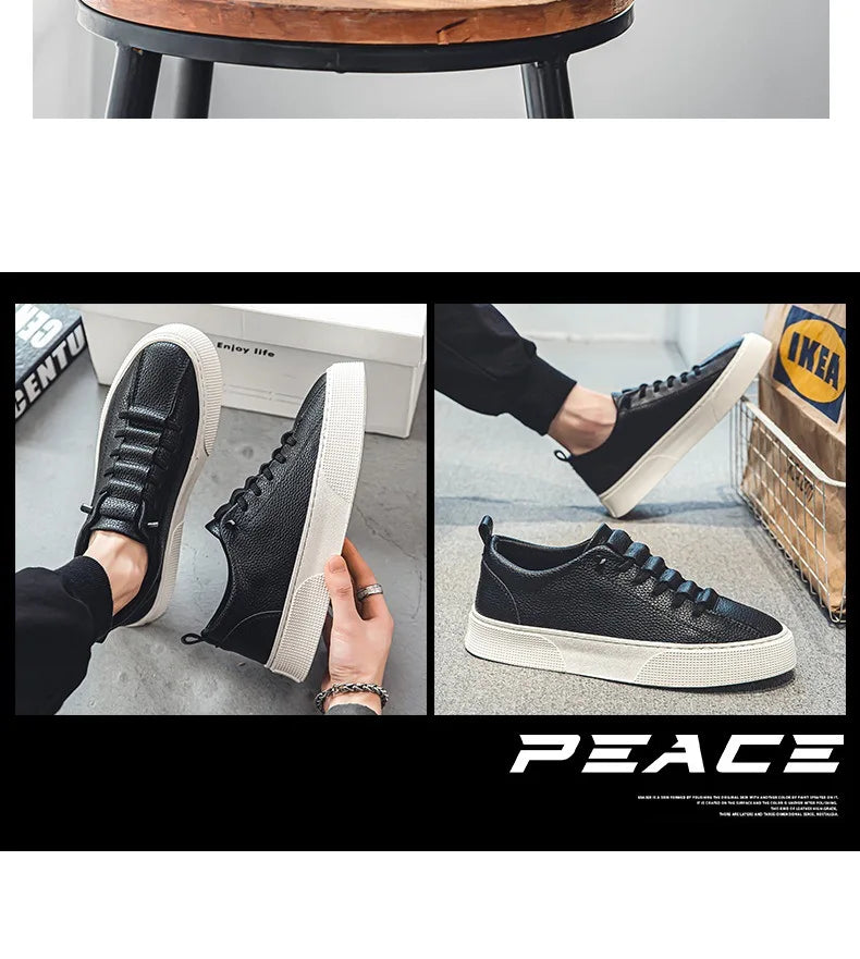 Men Classic White Leather Sneakers Casual Soft Leather Shoes Lace-up Shoes Mens Fashion Outdoor Walking Shoes Male Trainers