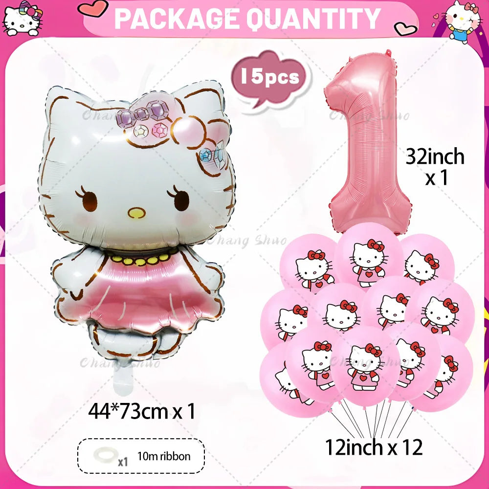 Hello Kitty Theme Birthday Party Decorations Balloon Set Cartoon Cat Aluminum Foil Balloons Girls Favors Baby Shower Supplies