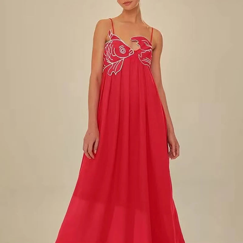 3D Fish Shaped Embroidery Pleated Sling Dress Women Spring Strapless Hollow Party Long Dress Summer Backless Side Zip Boho Dress