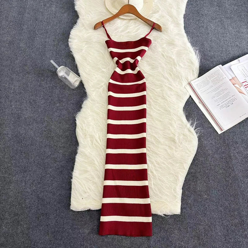 Summer Stripe Elastic Bodycon Strap Dress Sexy Beach Sundress Women Casual Slim Pencil Vestidos Maxi Long Dress