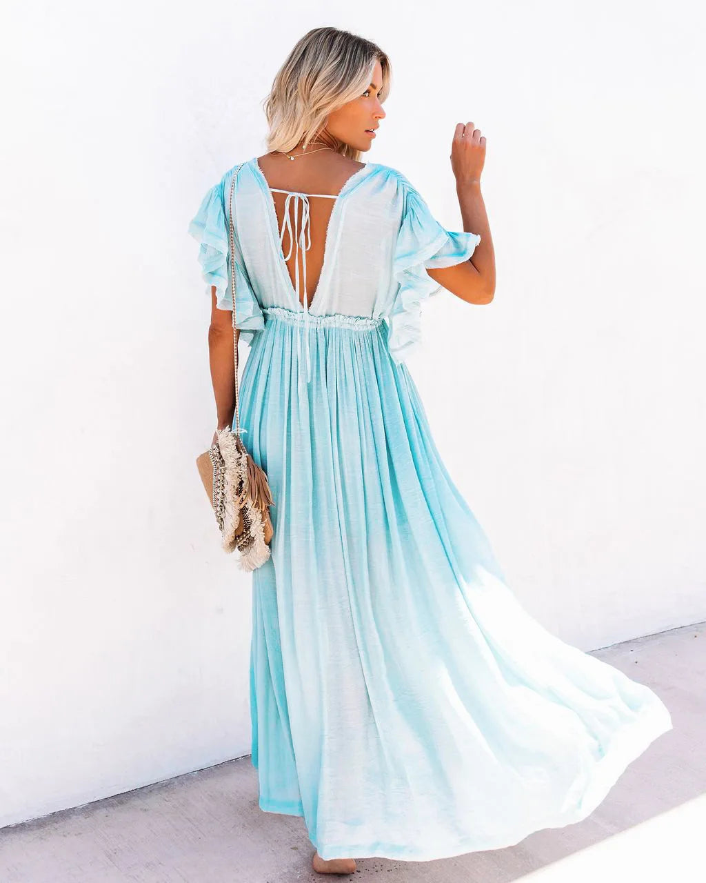 Long Dress Sunscreen Beach V Neck Button Waist Ties