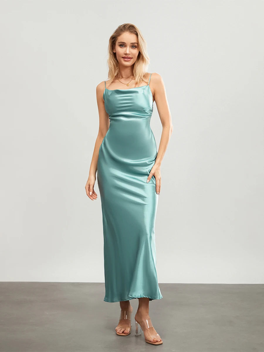 Elegant Satin Long Dress Solid Color Sleeveless Cowl Neck Wrap Party Dress