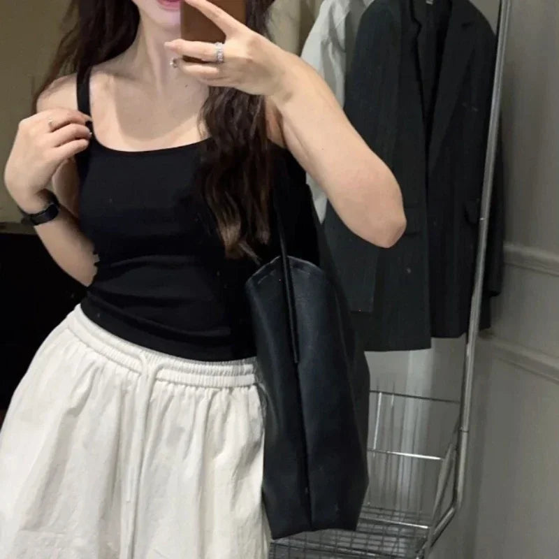 Solid All-Match Invisible Integrated Chest Pad Cami 2024 Spring New Korean Women clothes Short Sleeveless Top
