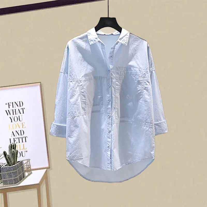 Spring/Summer Set Women's New Design Sense Sunscreen Shirt Fashion Tank Top Slimming Denim Shorts Age Reducing Three Piece
