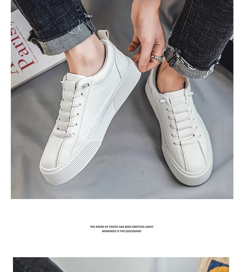 Men Classic White Leather Sneakers Casual Soft Leather Shoes Lace-up Shoes Mens Fashion Outdoor Walking Shoes Male Trainers