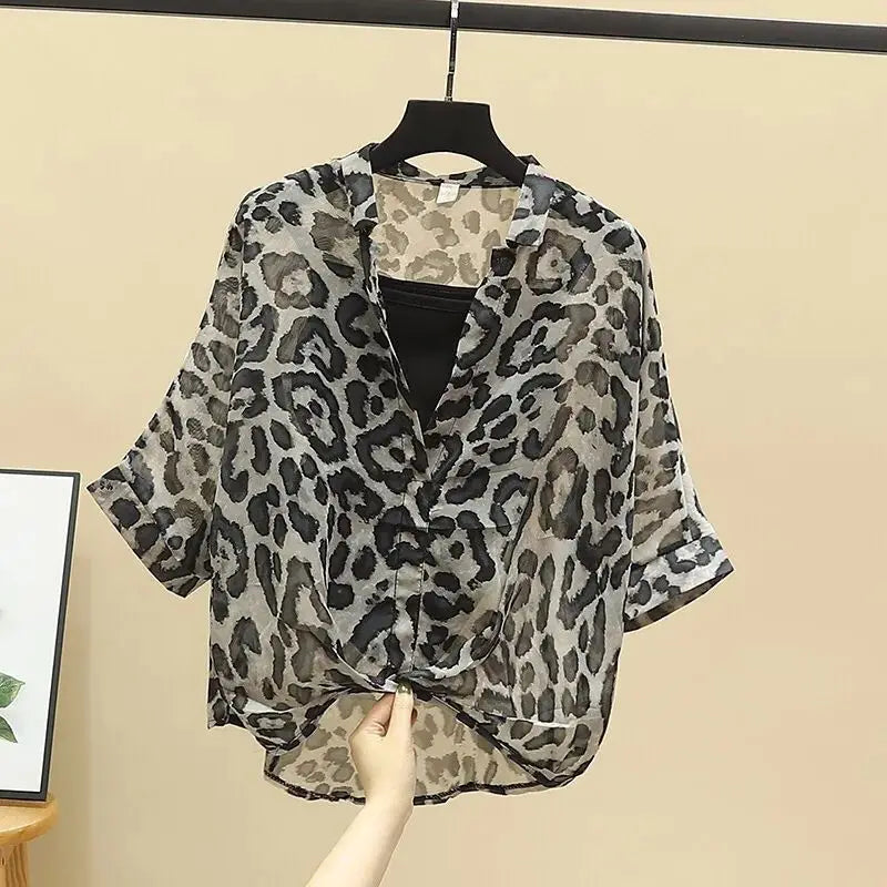 2025 Blusas Mujer De Moda Chiffon Shirts Sets Fashion Sexy Leopard V-neck Blouses Tunic Vest Suit Temperament Summer Loose Tops
