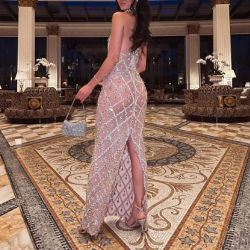 Sexy Shiny Glitter Sequins Gown Party Dress Women Spring Halter Sleeveless Hollow Long Dress Summer Off Shoulder Slim Maxi Dress