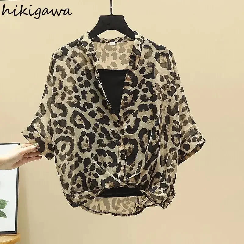2025 Blusas Mujer De Moda Chiffon Shirts Sets Fashion Sexy Leopard V-neck Blouses Tunic Vest Suit Temperament Summer Loose Tops