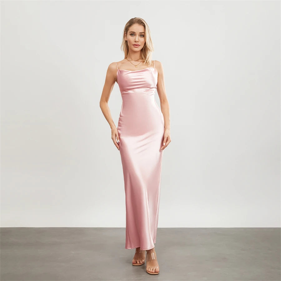 Elegant Satin Long Dress Solid Color Sleeveless Cowl Neck Wrap Party Dress