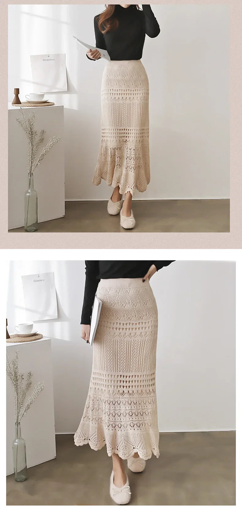 Spring Autumn High-waisted Loose-fit Knit Skirt Women's Hook Flower Hollow Out Long Dress 90cm