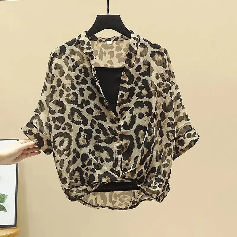 2025 Blusas Mujer De Moda Chiffon Shirts Sets Fashion Sexy Leopard V-neck Blouses Tunic Vest Suit Temperament Summer Loose Tops