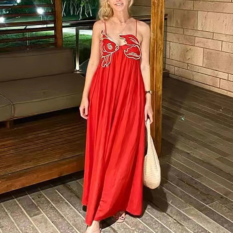 3D Fish Shaped Embroidery Pleated Sling Dress Women Spring Strapless Hollow Party Long Dress Summer Backless Side Zip Boho Dress