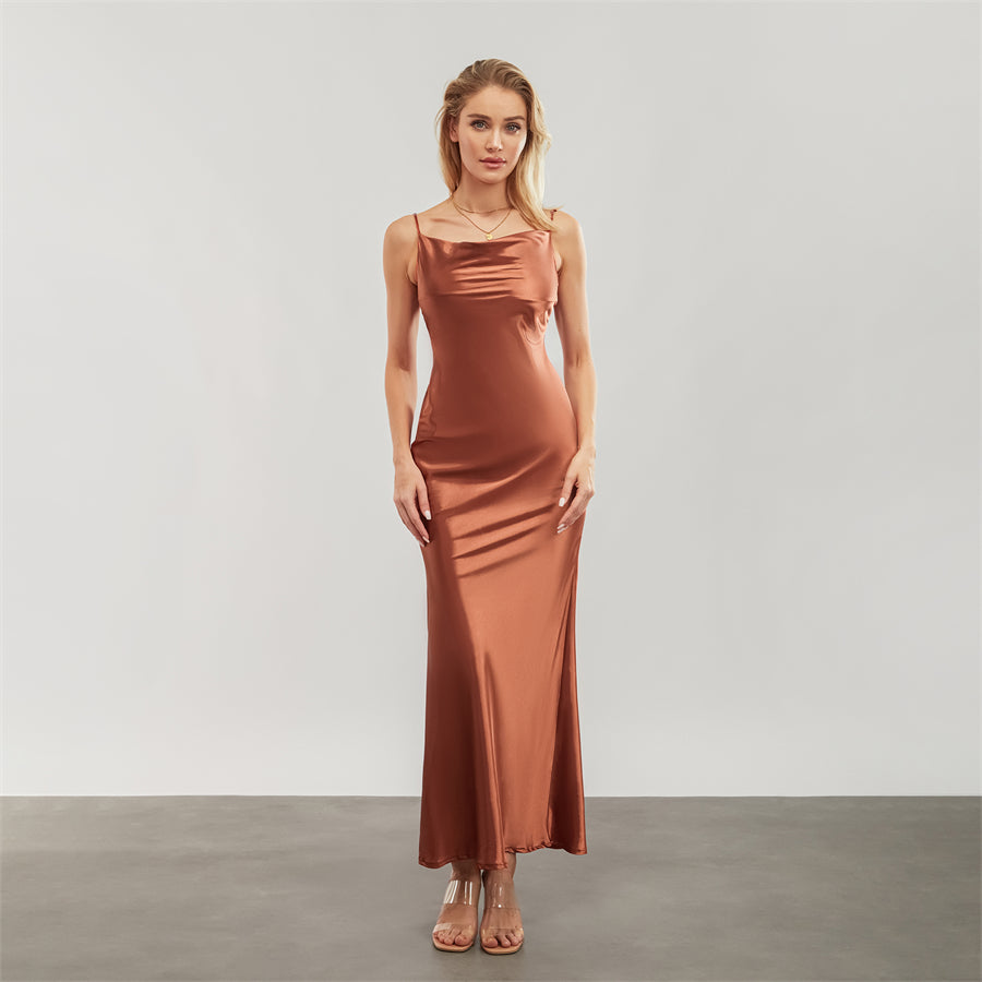 Elegant Satin Long Dress Solid Color Sleeveless Cowl Neck Wrap Party Dress