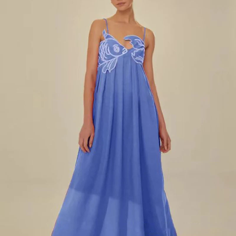 3D Fish Shaped Embroidery Pleated Sling Dress Women Spring Strapless Hollow Party Long Dress Summer Backless Side Zip Boho Dress