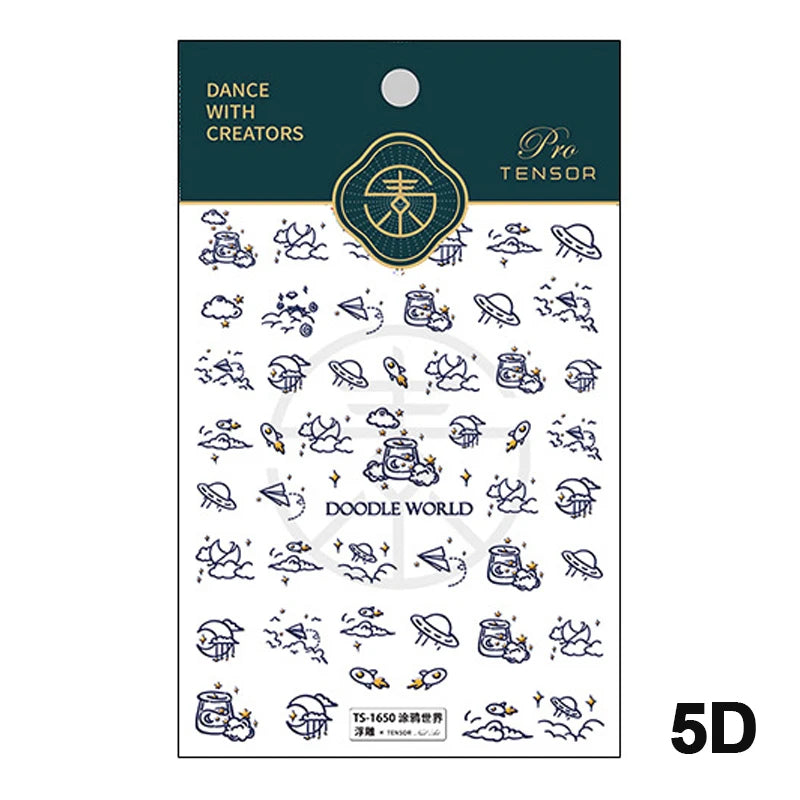 Colored Doodle Violin Music Note Design 5D Embossed Reliefs Nail Art Stickers Cute 3D Self Adhesive Manicure Decals Wholesale