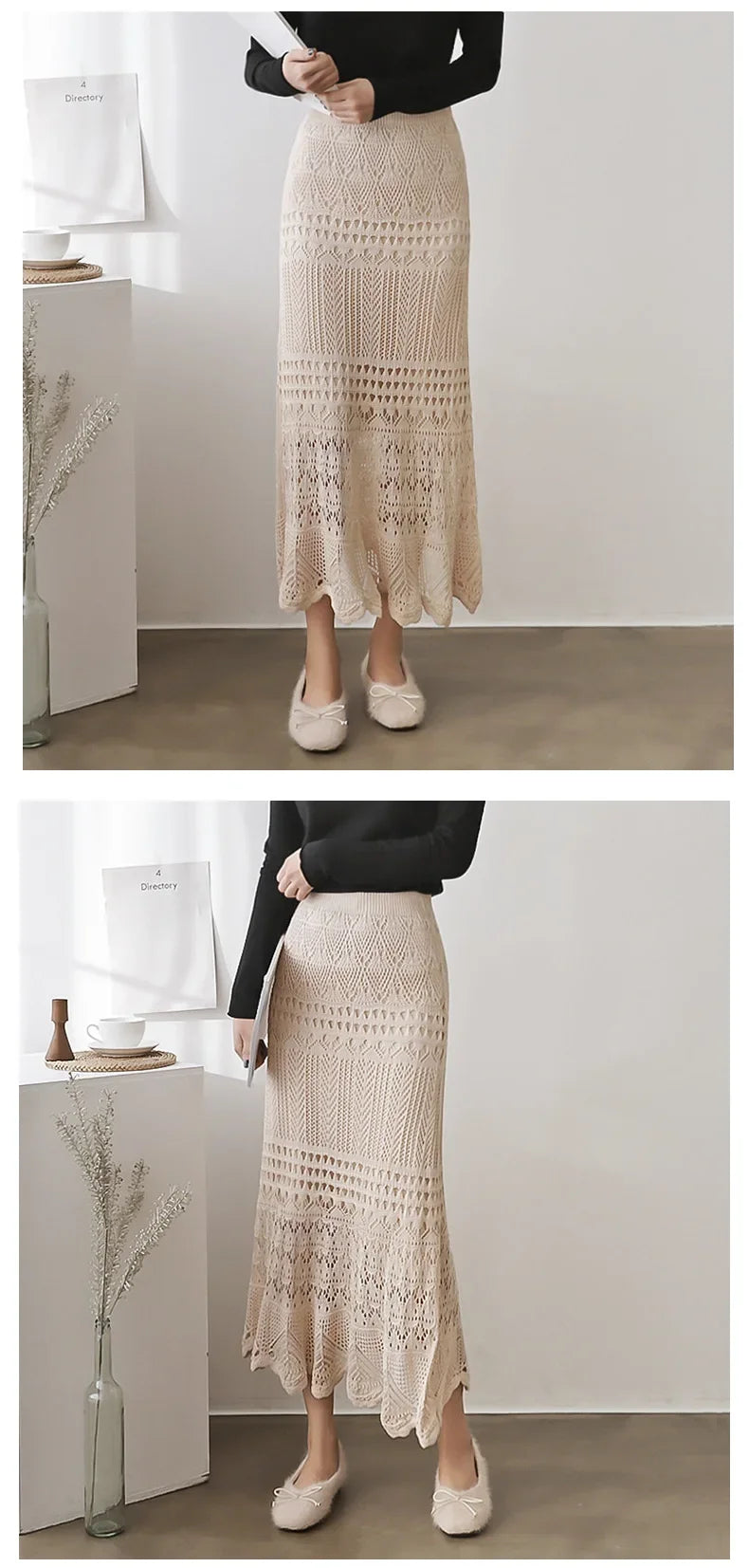 Spring Autumn High-waisted Loose-fit Knit Skirt Women's Hook Flower Hollow Out Long Dress 90cm