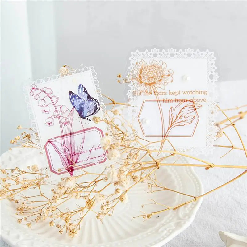 1sets Retro Plant English PET Deco Stickers Plant Flower Leaf Transparent Bullet Journaling Accessories Aesthetic Stickers