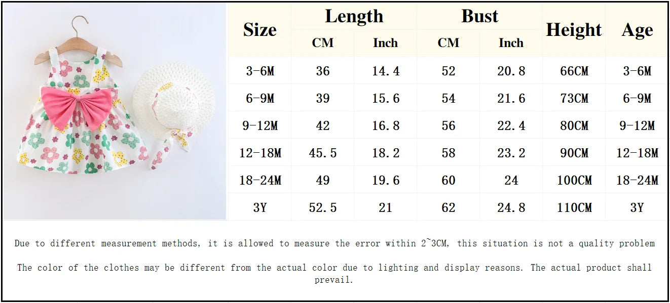 Summer 2/piece set baby girl dress hat little girl big bow design floral print princess dress all over the body