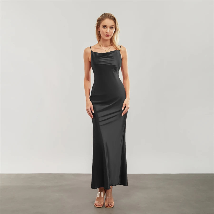 Elegant Satin Long Dress Solid Color Sleeveless Cowl Neck Wrap Party Dress