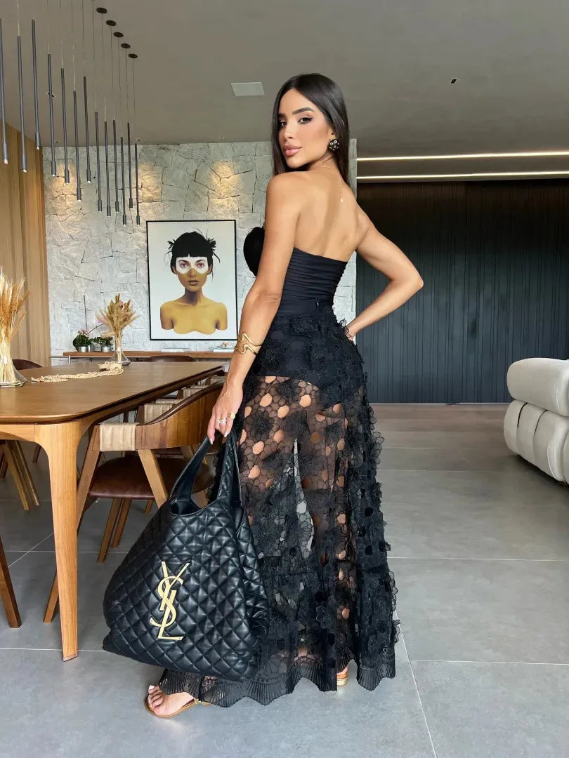 3 Pcs Dress with Swimwear 3D Flower Swimwear Women Elegant Dresses For Women Slim Long Dress Lady Eveing Robe Party Dress