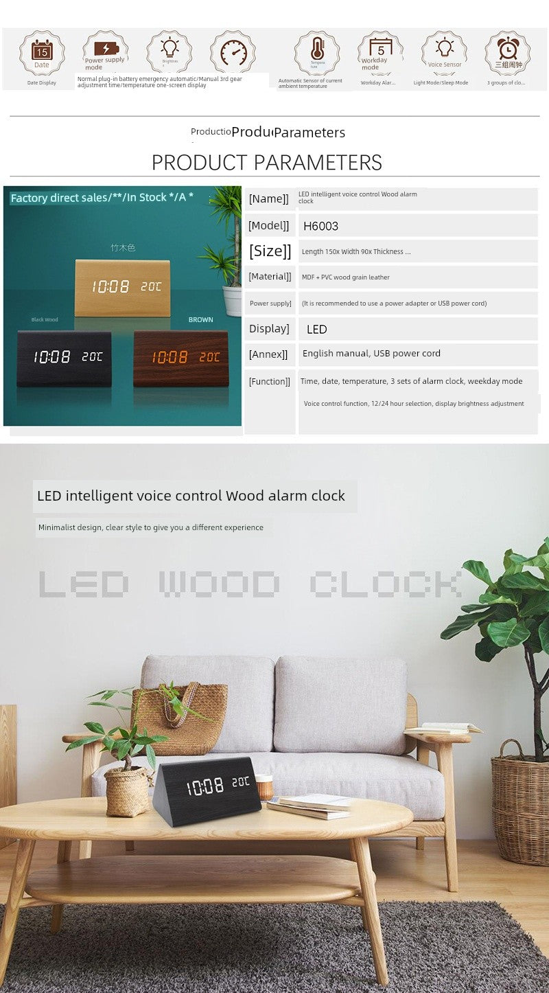 Automatic Timing Wooden Bedside Electronic Clock Led Alarm Clock Desktop L Electronic Student Dormitory Fashion Clock Bedroom Decoration