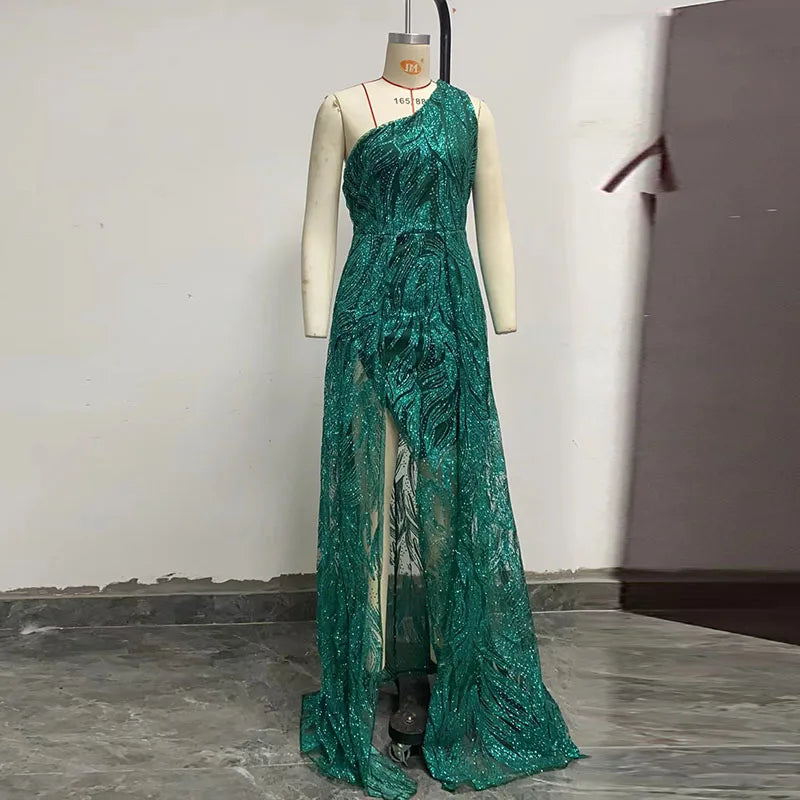Ladies Elegant Off Shoulder Waist Prom Party Dresses 2025 New Sexy Asymmetric Evening Dress Fashion Sequin High Split Long Dress