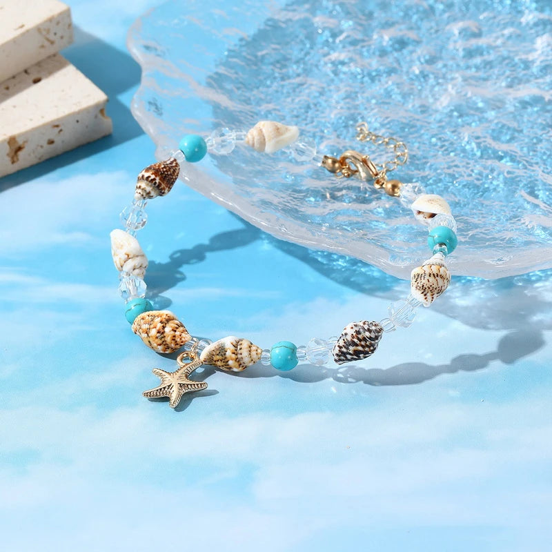 Boho Starfish Conch Bracelet Anklets for Women Girls Cute Shell Rice Beads Leg Ankle Chain Summer Foot Beach Jewelry Gifts