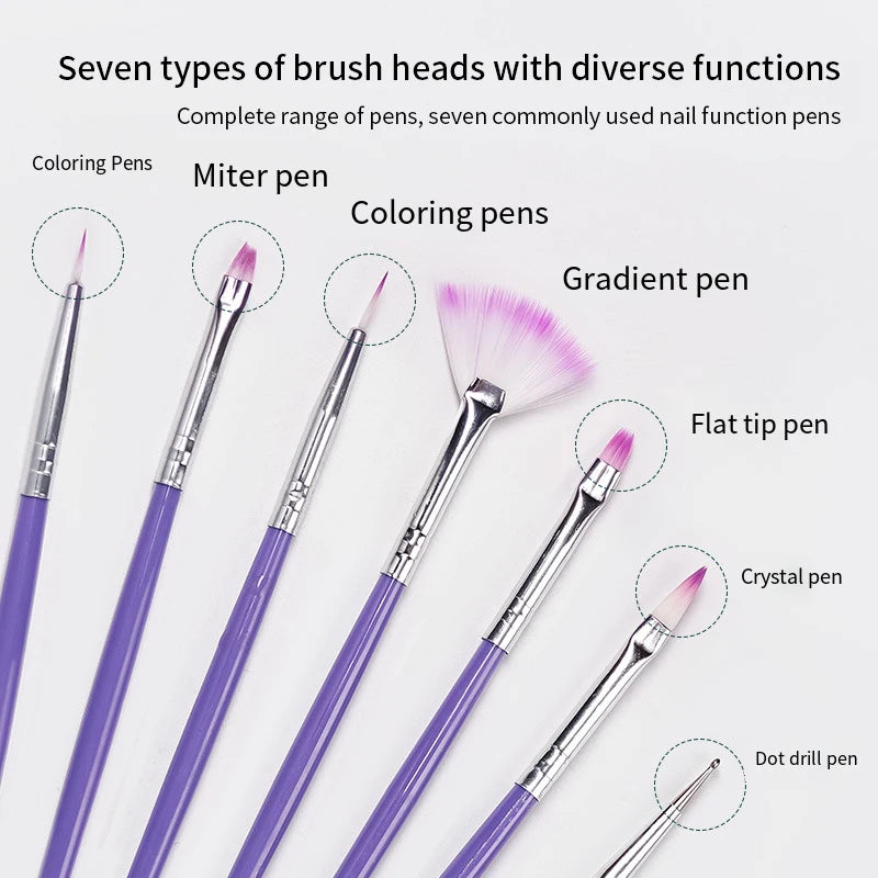 7PCS/Set Nail Art Polish Gel UV Tips Brush Dotting Painting Drawing Pen Fan Sector Line Builder Decoration Manicure Makeup Tools