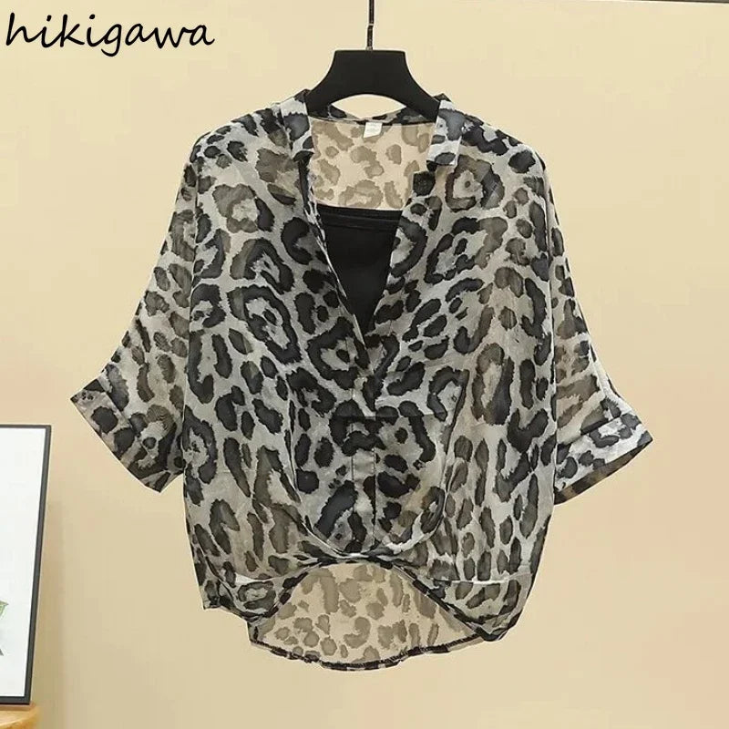2025 Blusas Mujer De Moda Chiffon Shirts Sets Fashion Sexy Leopard V-neck Blouses Tunic Vest Suit Temperament Summer Loose Tops