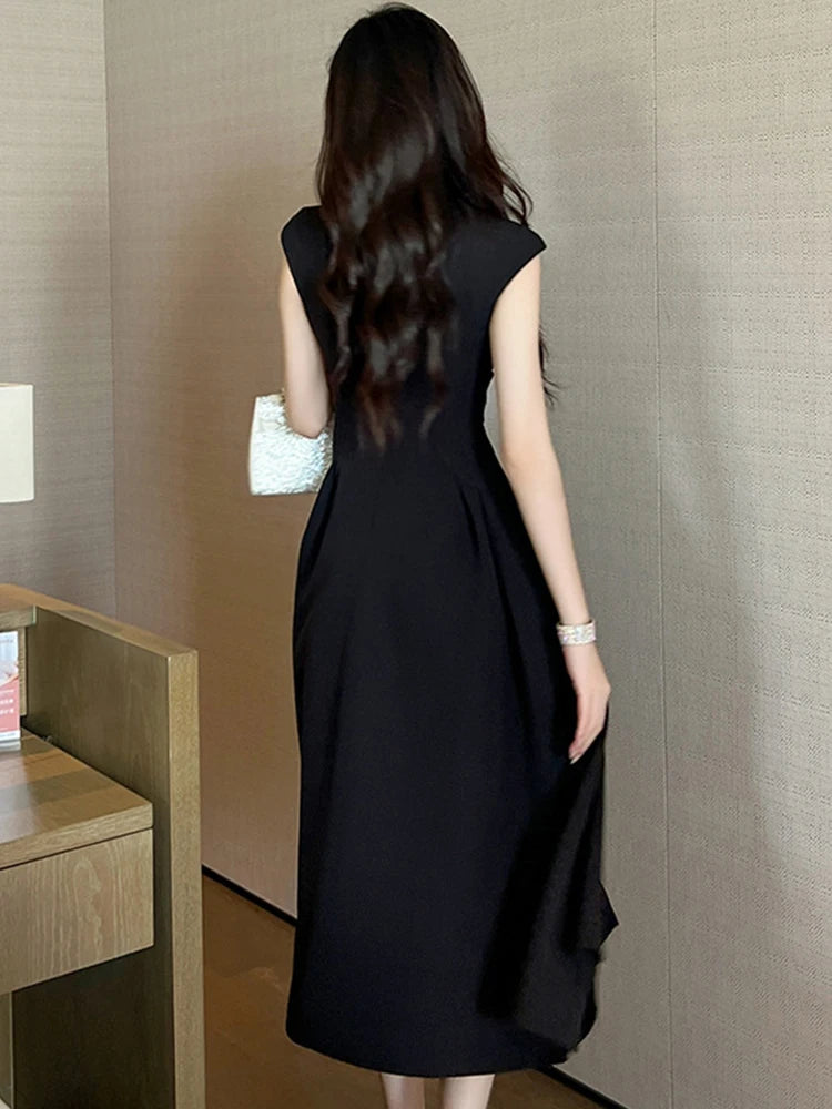New Summer Elegant Women Evening Long Dress Lady Black Formal Chic V-Neck Slim Midi Party Gown Robe Mujer Vestido Street Clothes