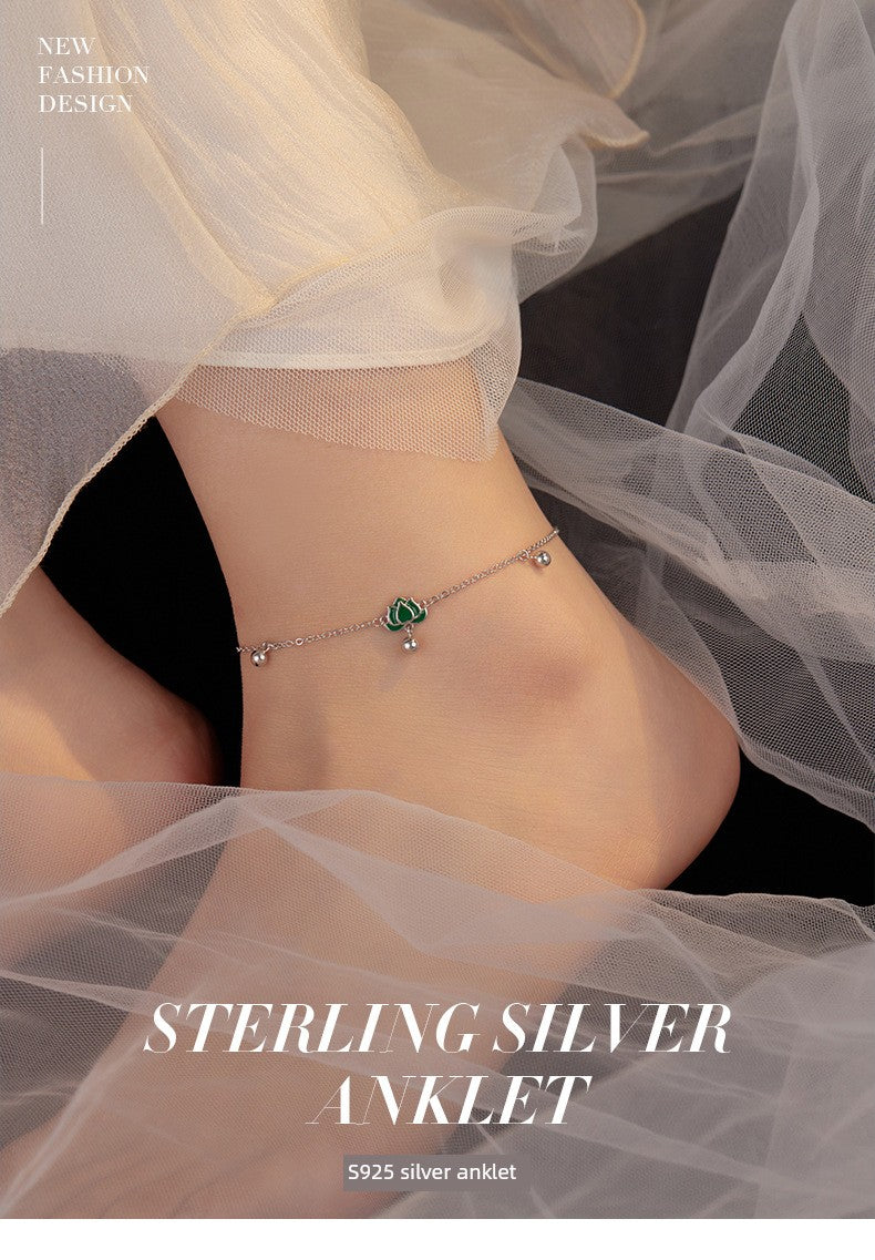 S925 Sterling Silver Step-by-Step Lotus Sliver Beads Anklet Female Retro Artsy Fresh Lotus Lucky Beads Ankle Chain Ornament