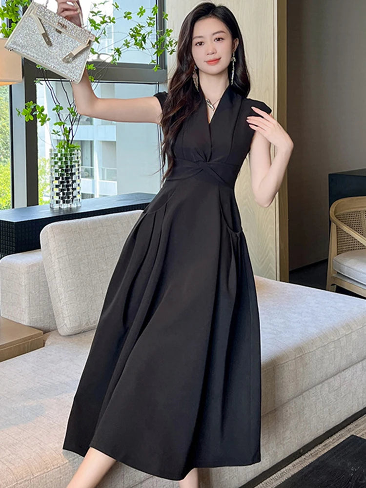 New Summer Elegant Women Evening Long Dress Lady Black Formal Chic V-Neck Slim Midi Party Gown Robe Mujer Vestido Street Clothes