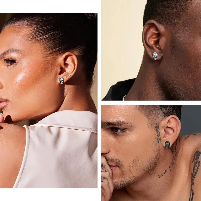 Gothic Skull Earrings for Men Boys Stainless Steel Jewlery Cool Punk Earring Studs for Party Halloween Father Days Gifts