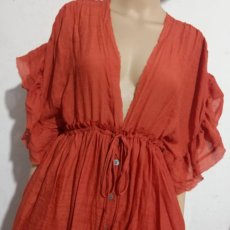 Long Dress Sunscreen Beach V Neck Button Waist Ties
