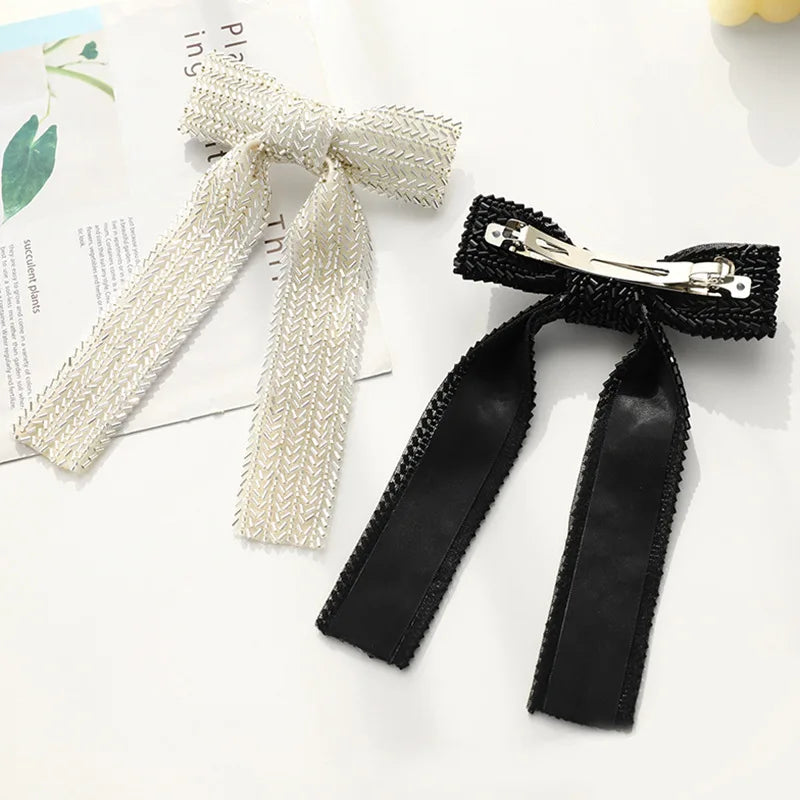 Glass Diamond Beaded Full Pearls Hairclip Bows Ribbon Barrette Girls Bow Hairpins Wedding Hair Accessories Hair Clips Women