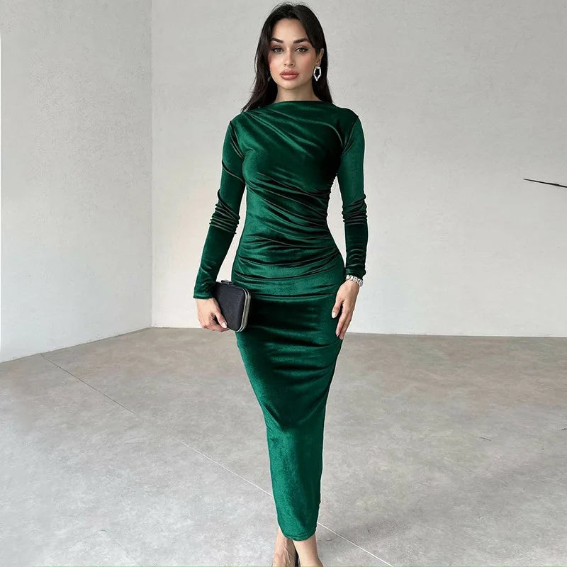 Dulzura 2025 Spring Summer Velvet Long Sleeve Midi Dress For Women Ruched Long Dress Elegant Party Clothes Evening Green Outfits